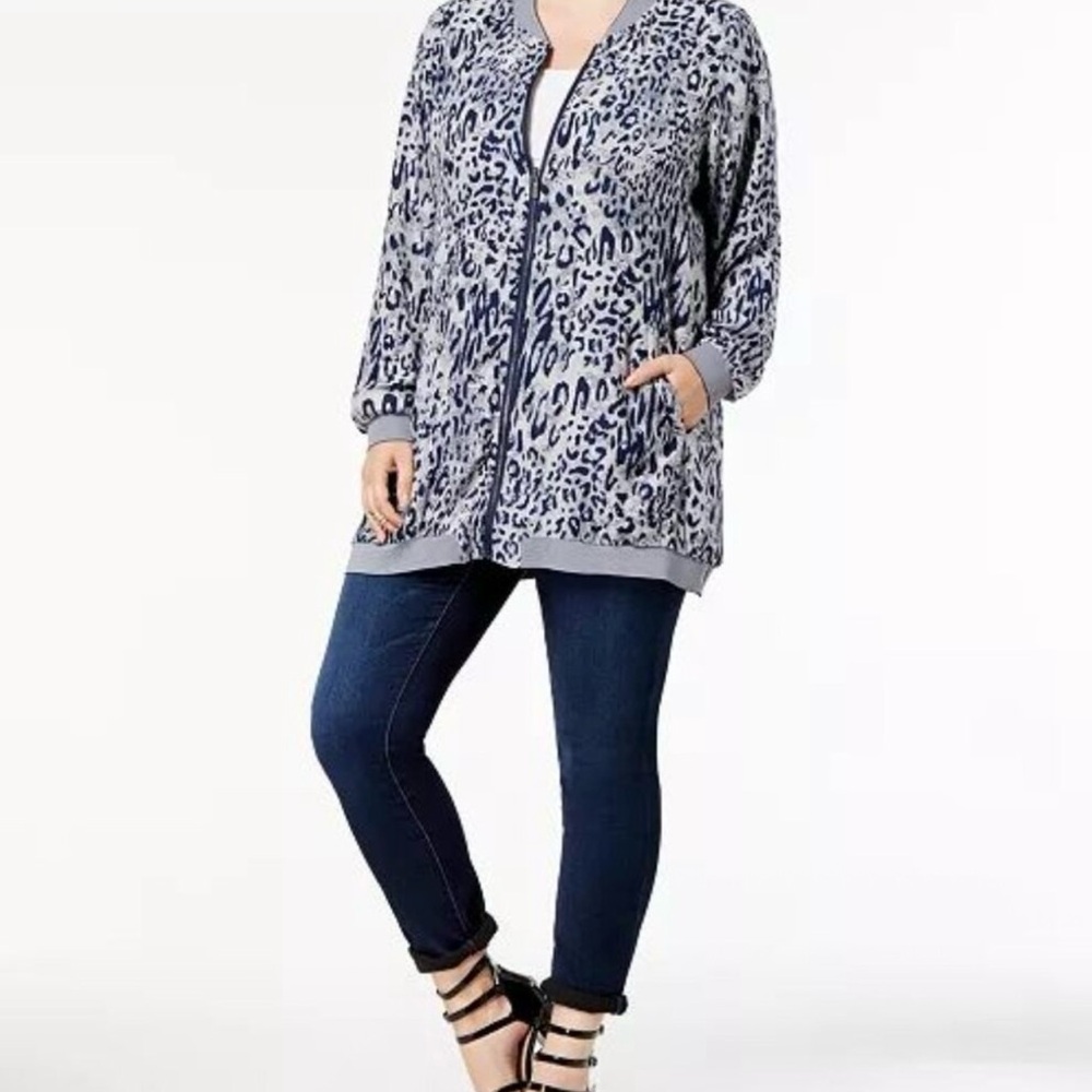 Melissa McCarthy Seven7 Blue Leopard Bomber Jacket